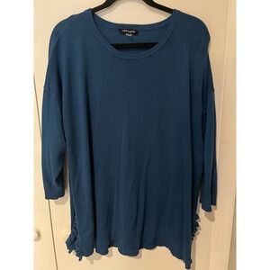 Cable & Gauge Women's‎ Plus Size 2x Teal Blue 3/4 Sleeve Sweater Top Ruffle Side